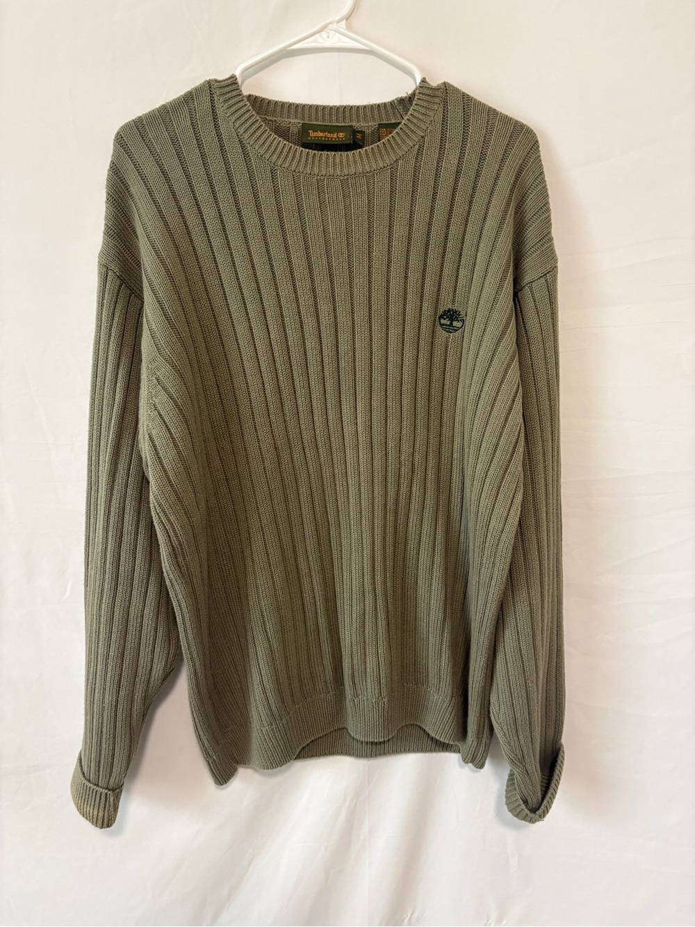 Vintage Timberland Men's Olive Ribbed Crewneck Sweater